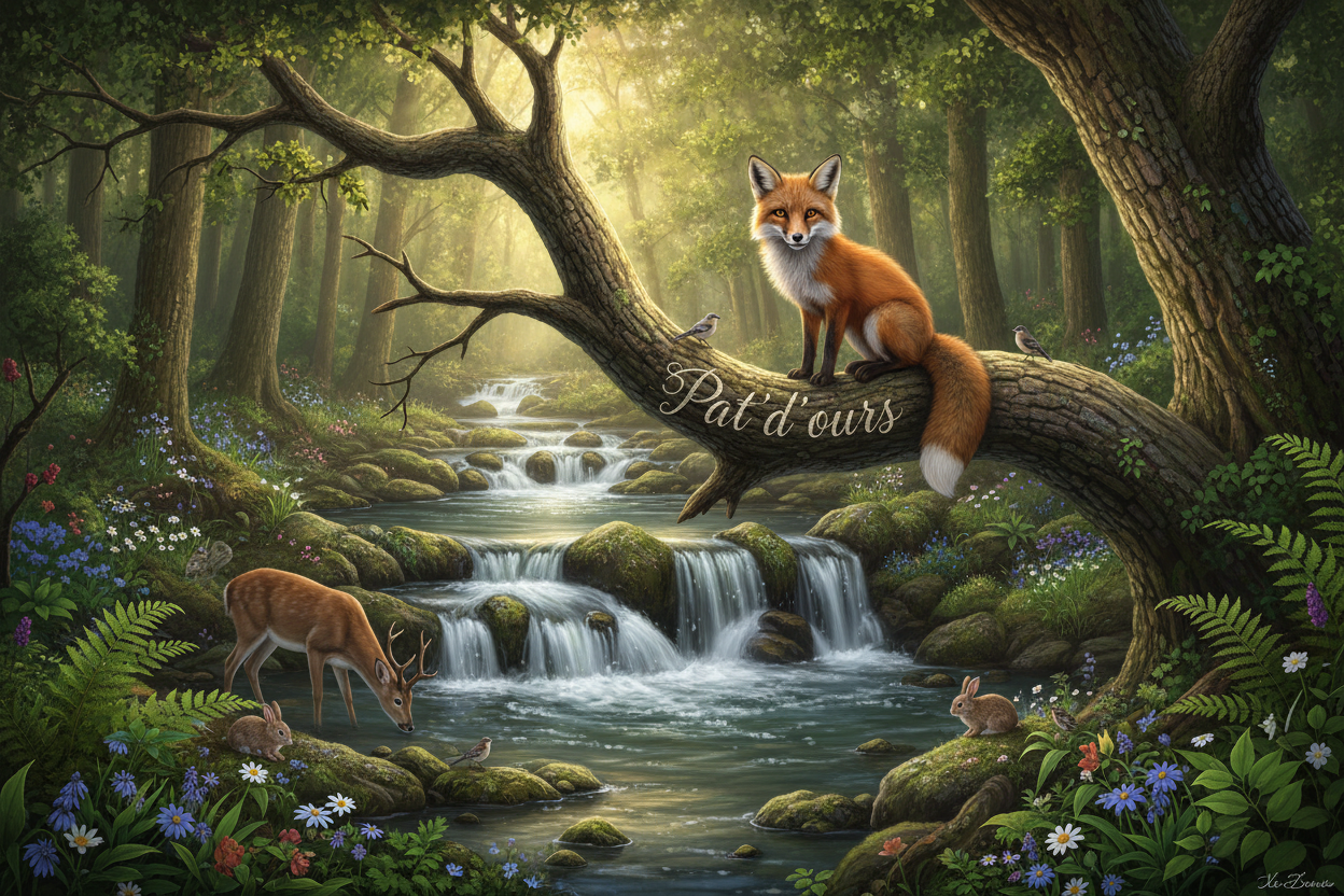 bois cascade rivere animaux de la foret autour une branche d'arbre avec écrit pat'd'ours dessus un renard sur la branche ( ajuste la taille de l'image a limage d'acceuil héros ) 
