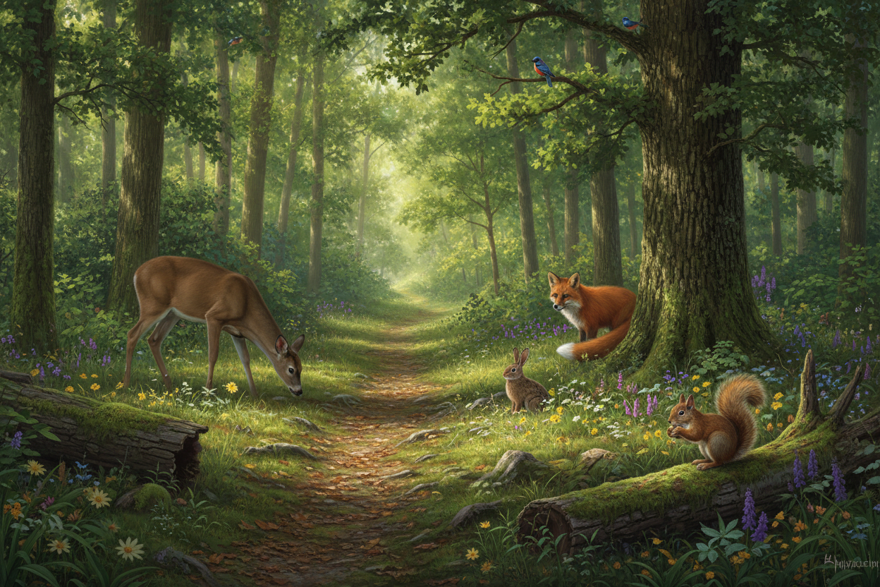 fait moi un sentier dans les bois avec des animaux